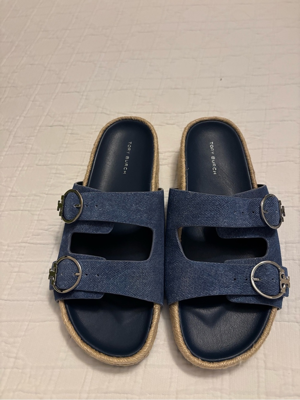 Tory Burch Denim Blue Double-Buckle Espadrille Slides